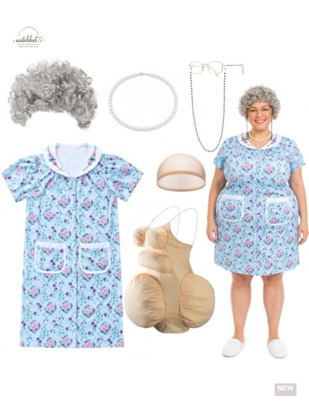 Halloween Fat Old Lady Costume Set Plus Size Grandma Dress with Wig Glasses 7pc